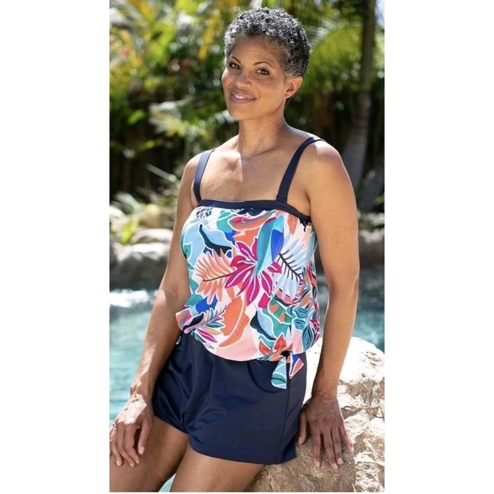 NWT Maxine of Hollywood Swim Top 14 Tropical Abstract Bandeau Tankini Side Tie